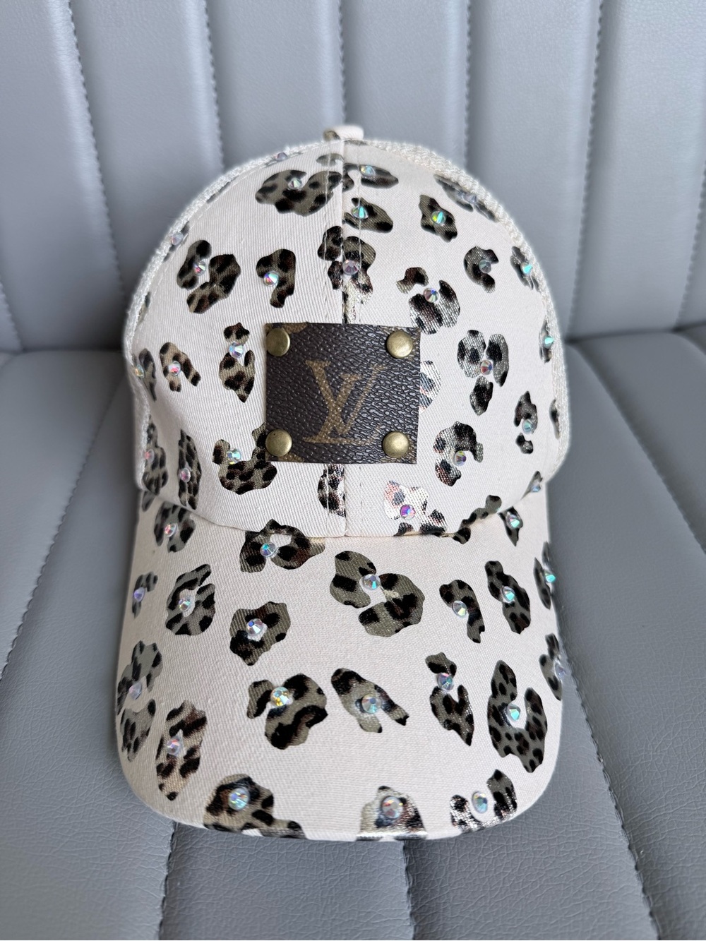 Upcycled Leopard Print Trucker Hat Baseball Cap Rhinestone Cowgirl High Ponytail